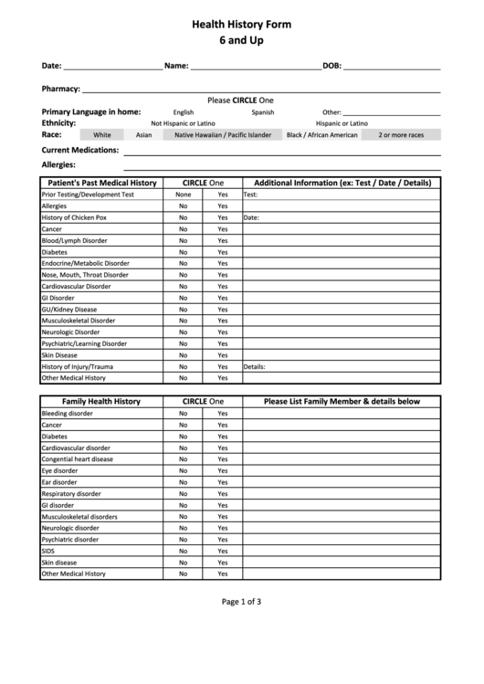 Health History Form 6 And Up Printable pdf