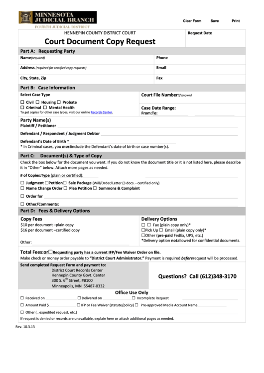 Fillable Court Document Copy Request Form - Hennepin County District Court Printable pdf