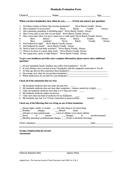 Headache Evaluation Form Printable pdf