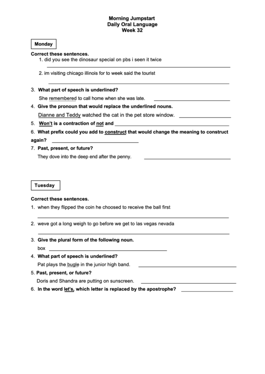 Daily Oral Language Worksheet Printable pdf