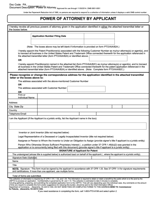 Fillable Form Pto/aia/82b - Power Of Attorney By Applicant Form Printable pdf