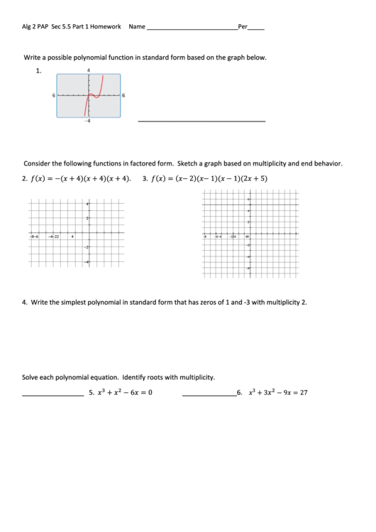 Polynomial Functions Worksheet Printable pdf