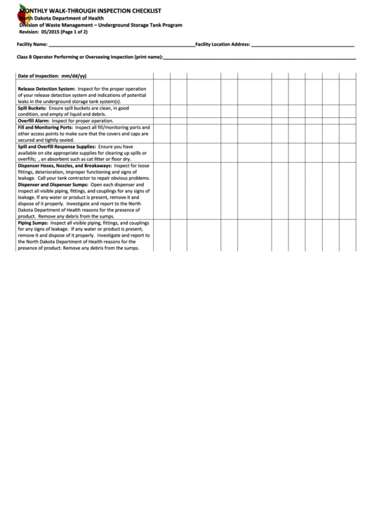 Monthly Walk-Through Facility Inspection Checklist Template Printable pdf