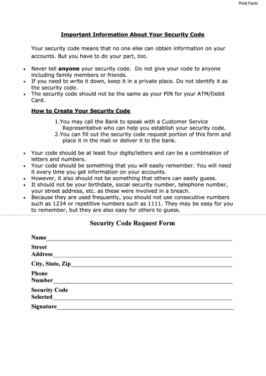 Fillable Security Code Request Form Printable pdf
