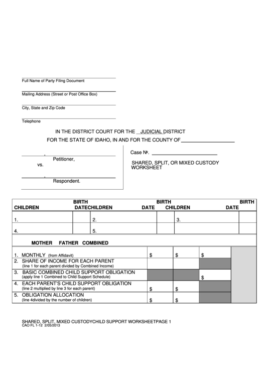 Shared, Split, Or Mixed Custody Worksheet - District Court For The State Of Idaho Printable pdf