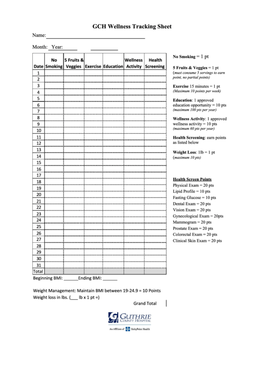 Gch Wellness Tracking Sheet Printable pdf