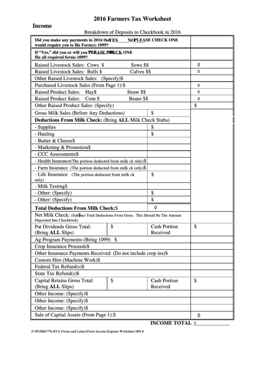 Fillable Farmers Tax Worksheet Template printable pdf download