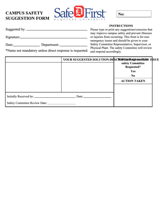 Fillable Campus Safety Suggestion Form Printable pdf