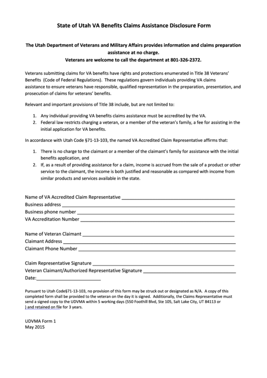 Udvma Form 1 - State Of Utah Va Benefits Claims Assistance Disclosure Form Printable pdf