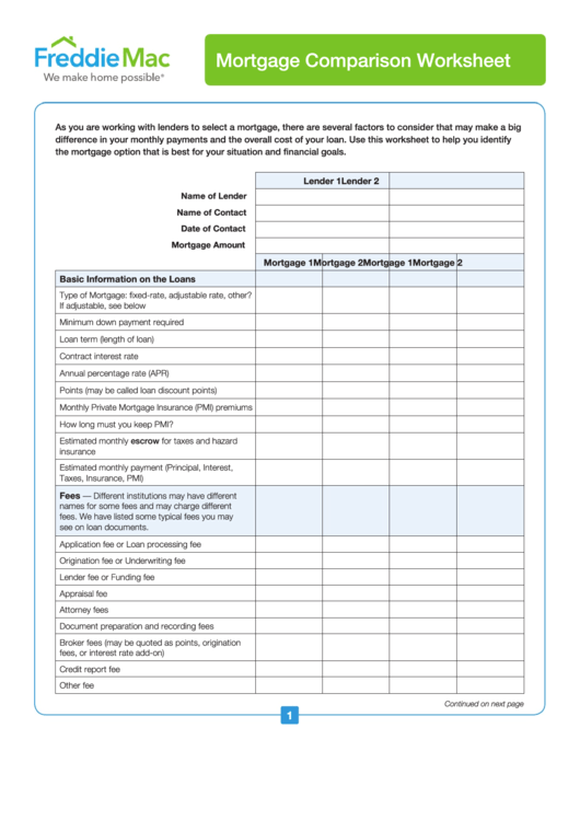 Mortgage Comparison Worksheet Template Printable pdf