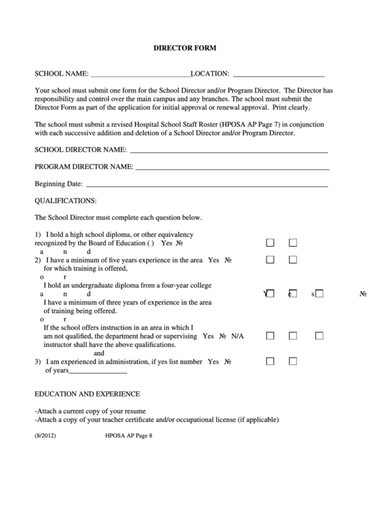 Fillable School Director And/or Program Director Application Form Printable pdf