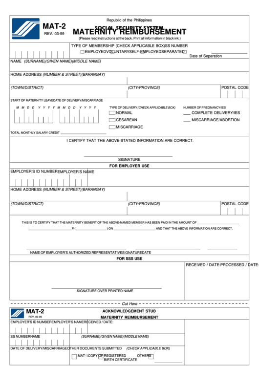 Mat-2 - Maternity Reimbursement (Republic Of The Philippines Social Security System) Printable pdf