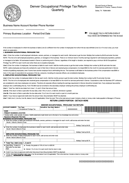 Fillable Denver Occupational Privilege Tax Return Quarterly Template Printable pdf