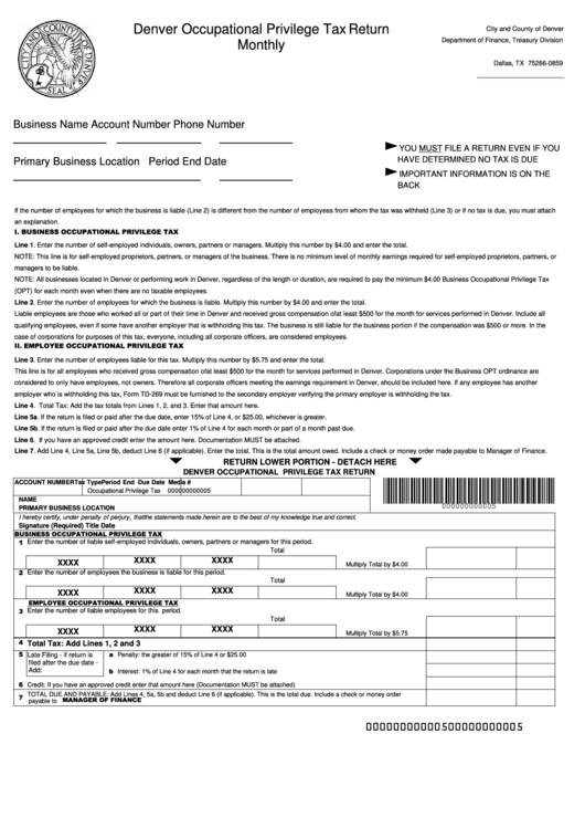 Fillable Denver Occupational Privilege Tax Return Monthly Template Printable pdf