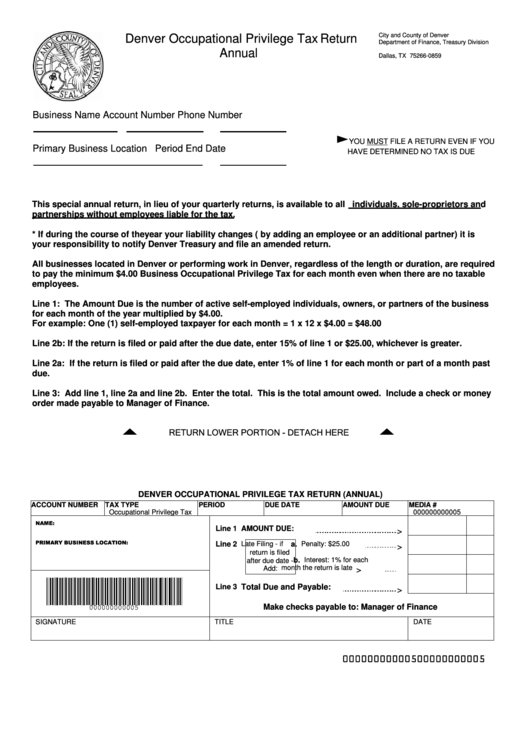 Fillable Denver Occupational Privilege Tax Return Annual Printable pdf