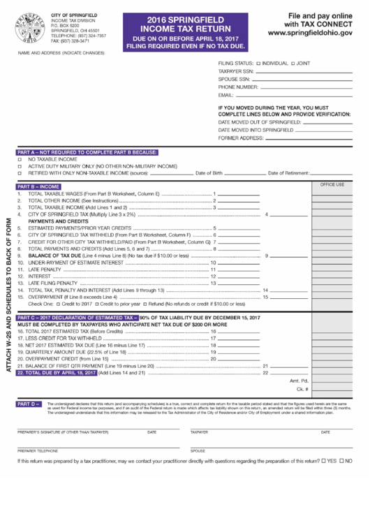 Income Tax Return - City Of Springfield Printable pdf