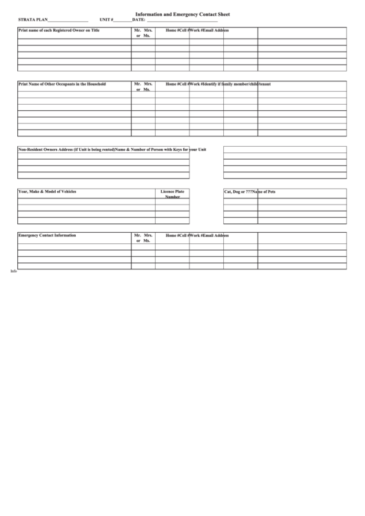 Information And Emergency Contact Form Printable pdf