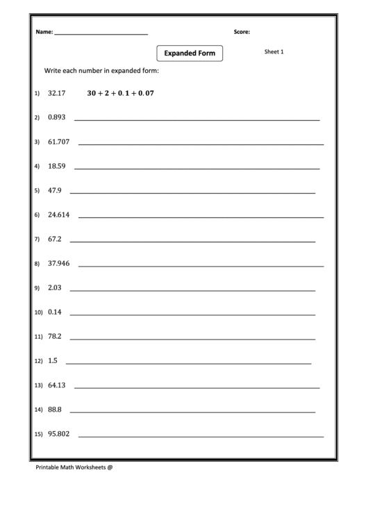 Expanded Form Worksheet Printable pdf