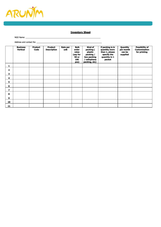 Inventory Sheet Template Printable pdf