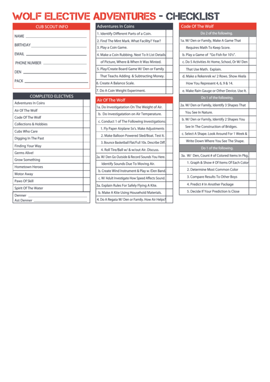 Wolf Elective Adventures - Checklist Printable pdf
