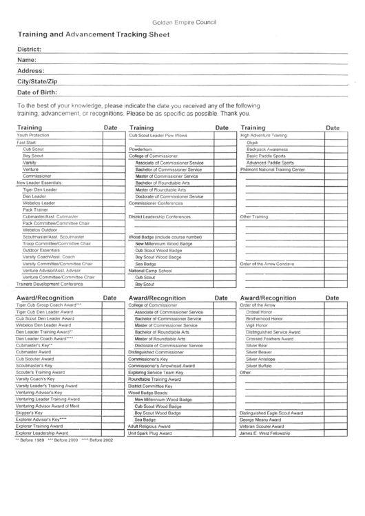 Training And Advancement Tracking Sheet Printable pdf