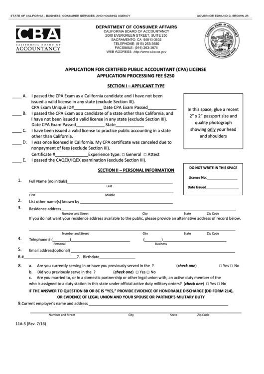 Fillable Application For Certified Public Accountant (Cpa) License - California Printable pdf