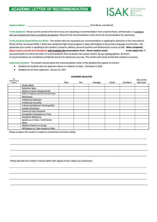 Sampleacademicletterof Recommendation Template Printable pdf