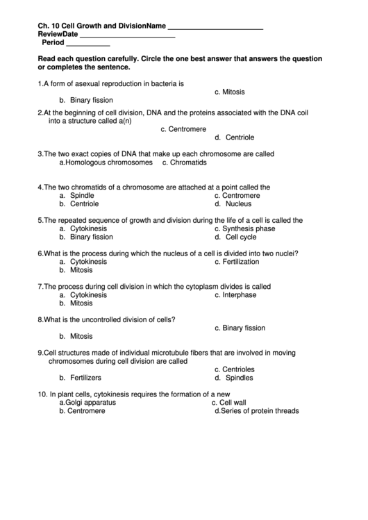 Cell Growth And Division Worksheet Printable pdf