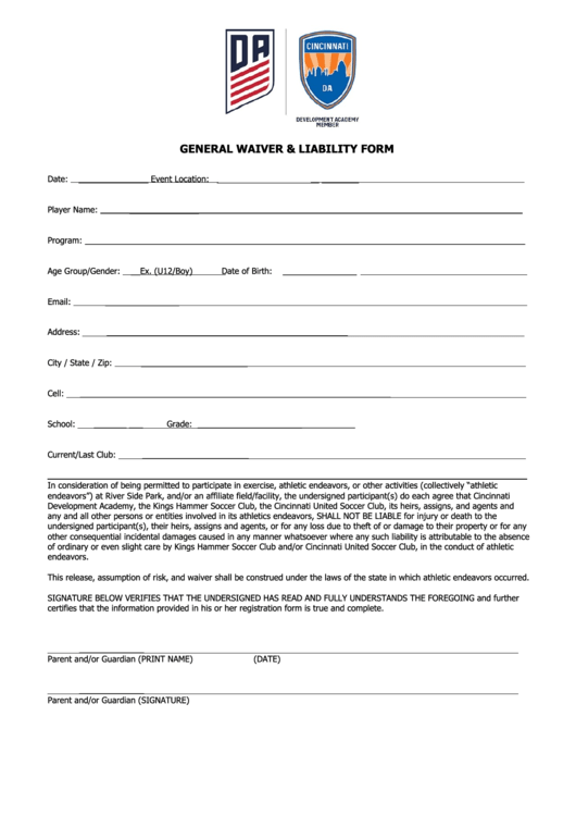 General Waiver And Liability Form Printable pdf