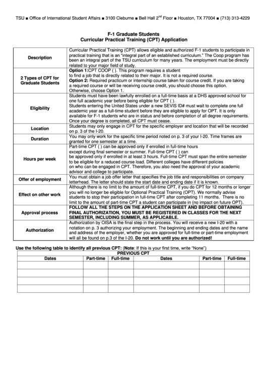 F-1 Graduate Students Curricular Practical Training (Cpt) Application Form Printable pdf
