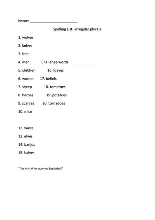 Spelling List - Irregular Plurals printable pdf download