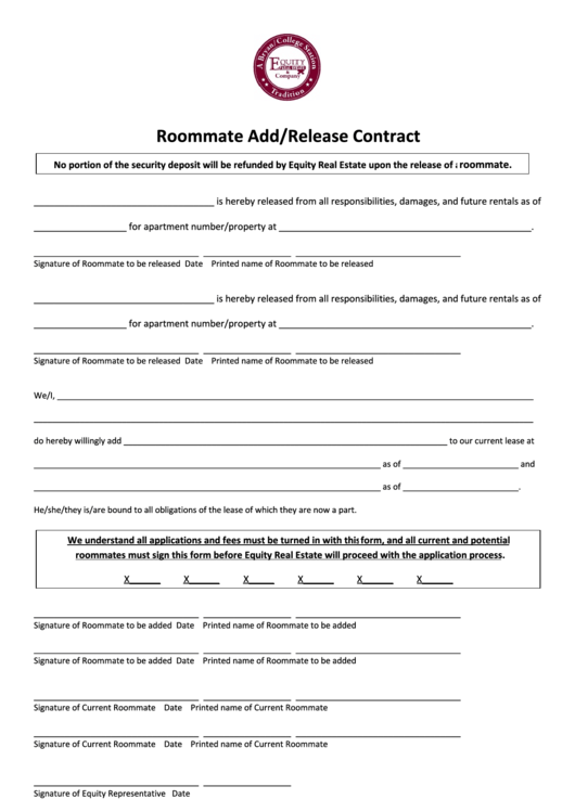Roommate Add/release Contract - Equity Real Estate Printable pdf