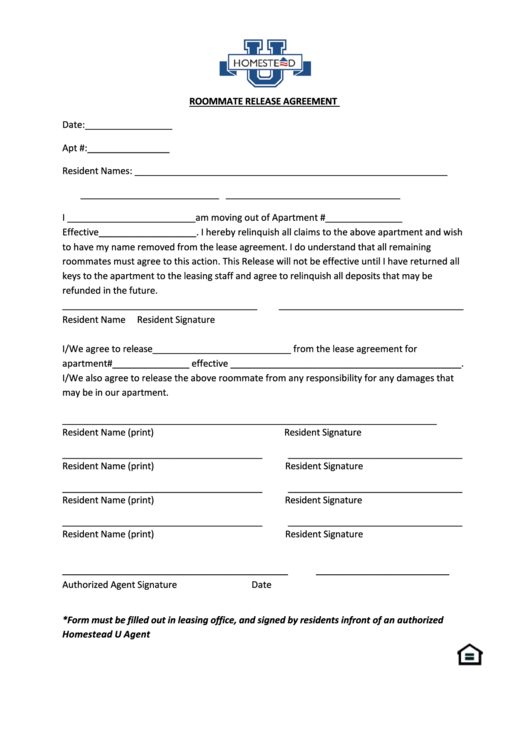 Roommate Release Agreement Printable pdf