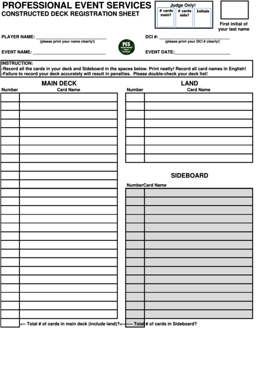 Constructed Deck Registration Sheet Printable pdf