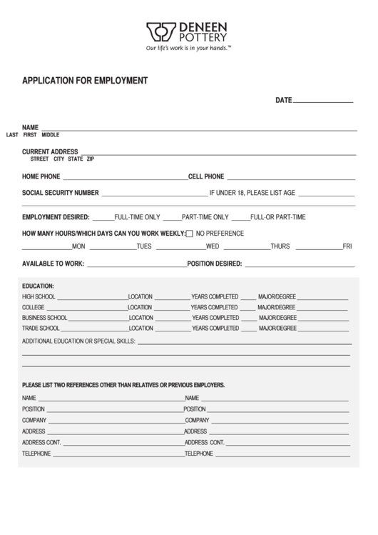 Application For Employment (Sample) Printable pdf