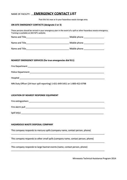 Fillable Emergency Contact List - Minnesota Technical Assistance Program Printable pdf