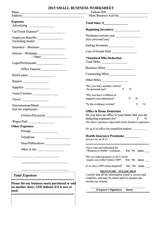 2015 Small Business Worksheet Printable pdf