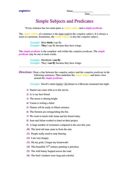 Simple Subjects And Predicates English Worksheet printable pdf download
