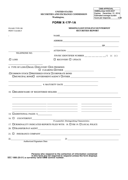 Fillable Form X-17f-1a - Missing/lost/stolen/counterfeit Securities Report Printable pdf