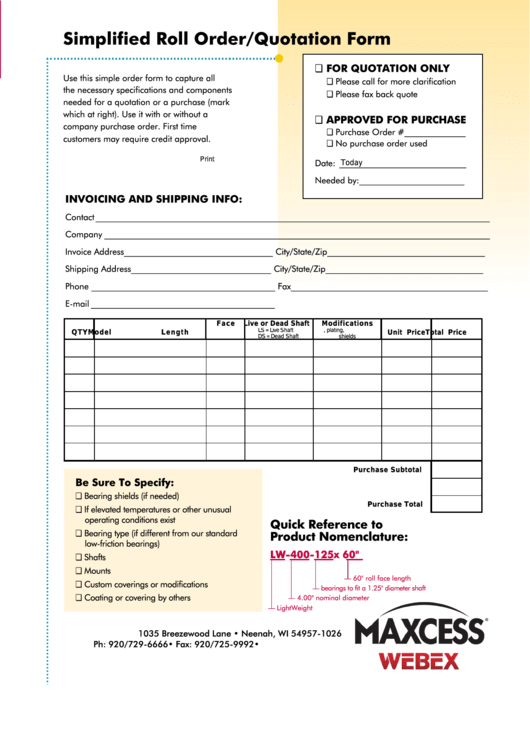 Fillable Simplified Roll Order/quotation Form - Maxcess Webex Printable pdf