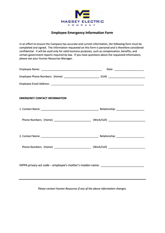 Employee Emergency Information Form Printable pdf