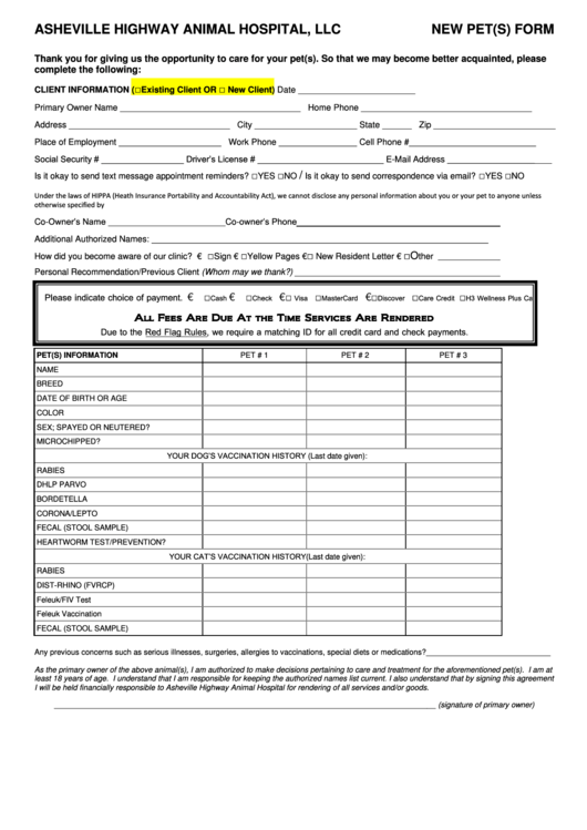 New Pet(S) Form (Client Intake Form) Printable pdf