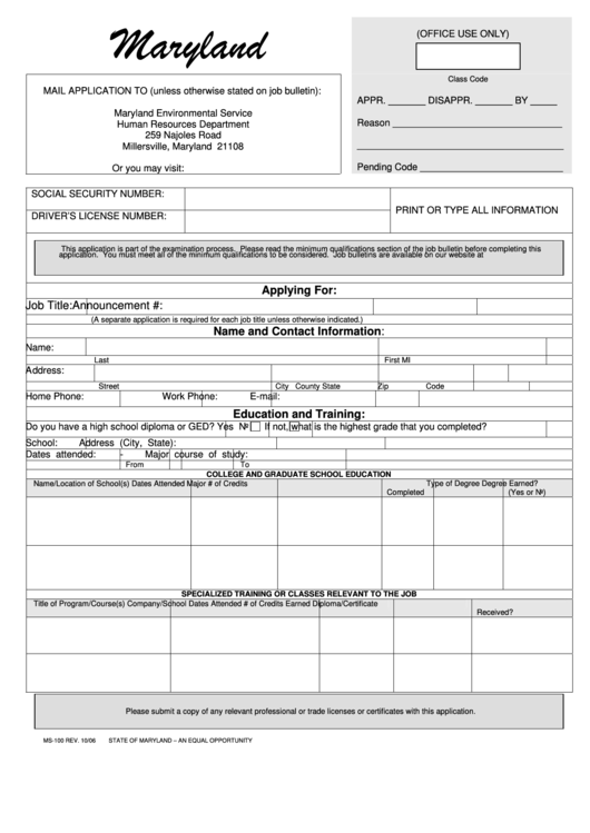 Form Ms-100 - Mail Application For Employment Printable pdf