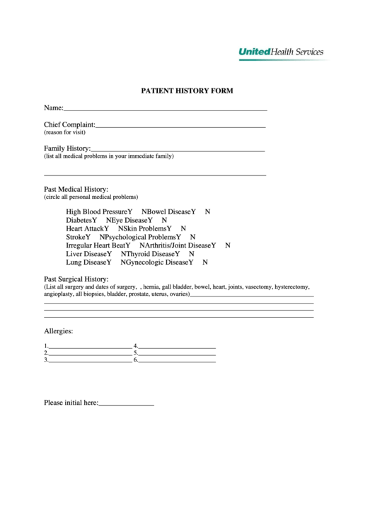 Patient Information And History Form Printable pdf
