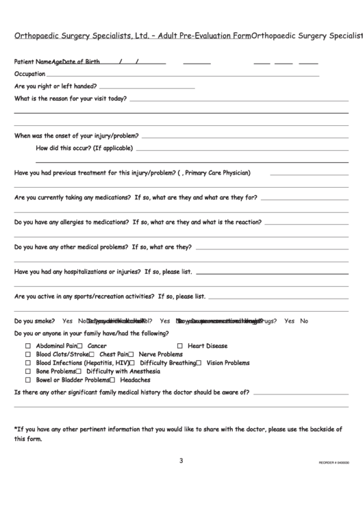 Adult Pre-Evaluation Form Printable pdf
