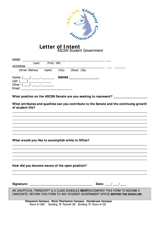 Fillable Letter Of Intent Form Printable pdf