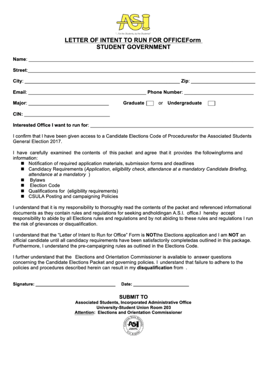 Letter Of Intent To Run For Office Form Printable pdf