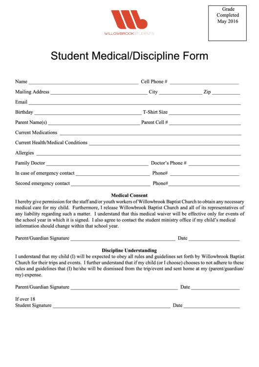 Student Medical/discipline Form Printable pdf