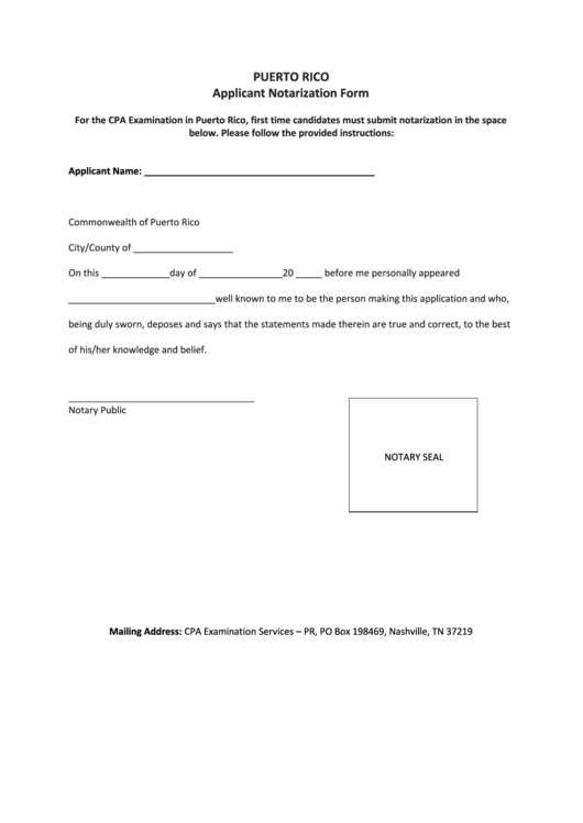 Puerto Rico Applicant Notarization Form Printable pdf