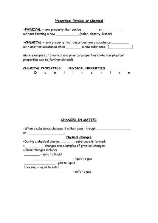 Properties: Physical Or Chemical Worksheet Printable pdf